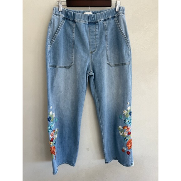 DRIFTWOOD Boho Blue Embroidered Ankle Flare Wide Leg Jeans Women’s Large Set - Picture 7 of 10